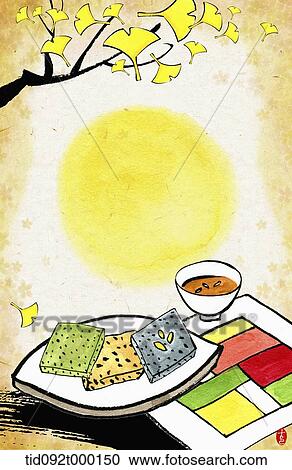 Clipart - illustration memo template of Chuseok featuring moon and cookie. Fotosearch