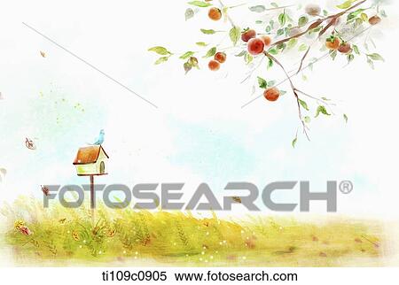 Stock Illustration - illustration of a bird house on grass. Fotosearch