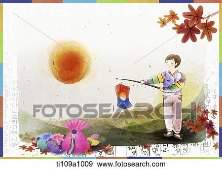 Stock Illustration - illustration of a boy holding Korean lamp. Fotosearch