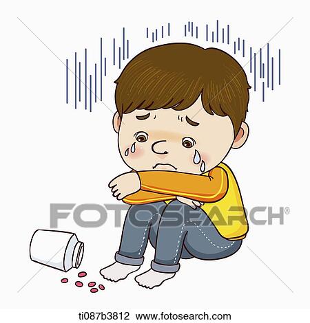 Drawing - illustration of a boy who is depressed. Fotosearch