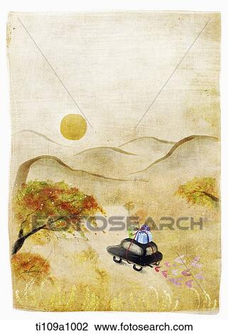 illustration of a car in the autumn field View Large Illustration Drawing - illustration of a car in the autumn field. Fotosearch