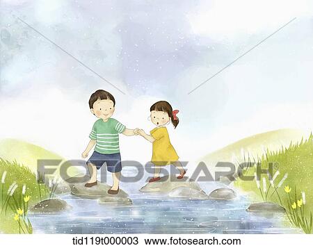 Drawing - illustration of a couple crossing rocks . Fotosearch