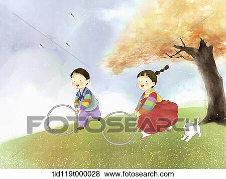 Stock Illustration - illustration of a couple enjoying Chuseok. Fotosearch
