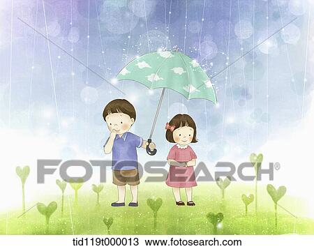 illustration of a couple In the rain with umbrella View Large Illustration Drawing - illustration of a couple In the rain with umbrella. Fotosearch