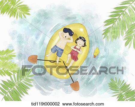 Drawing - illustration of a couple lying on a rubber boat. Fotosearch