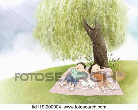 Stock Illustration - illustration of a couple lying on a picnic mat. Fotosearch