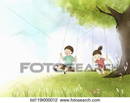 illustration of a couple riding swing View Large Illustration Drawing - illustration of a couple riding swing. Fotosearch