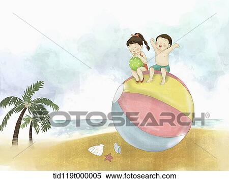 illustration of a couple sitting on a beach ball View Large Illustration Stock Illustration - illustration of a couple sitting on a beach ball. Fotosearch