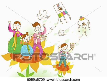 Stock Illustration - illustration of a family flying kites in Chuseok. Fotosearch