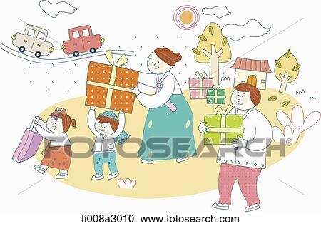 illustration of a family in Chuseok with presents View Large Illustration Clipart - illustration of a family in Chuseok with presents . Fotosearch