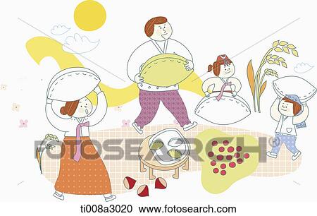 Clipart - illustration of a family in Chuseok making rice cake. Fotosearch