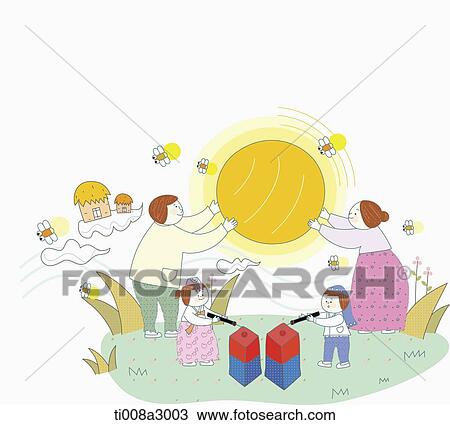 Drawing - illustration of a family in Chuseok . Fotosearch