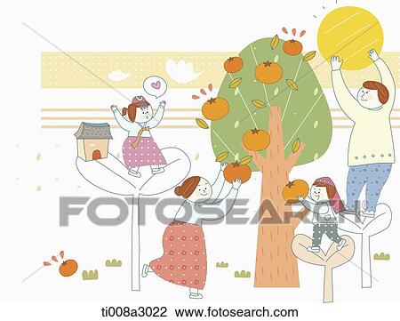 Drawing - illustration of a family in Chuseok picking fruits . Fotosearch