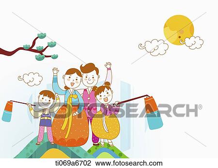 Drawing - illustration of a family in Chuseok. Fotosearch