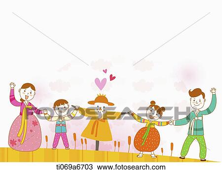 illustration of a family in Chuseok with a scarecrow View Large Illustration Drawing - illustration of a family in Chuseok with a scarecrow. Fotosearch