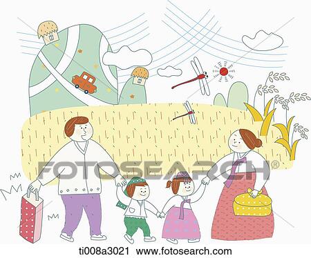 Clip Art - illustration of a family in Chuseok on their way home. Fotosearch