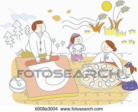 illustration of a family in Chuseok making rice cake View Large Illustration Stock Illustration - illustration of a family in Chuseok making rice cake. Fotosearch
