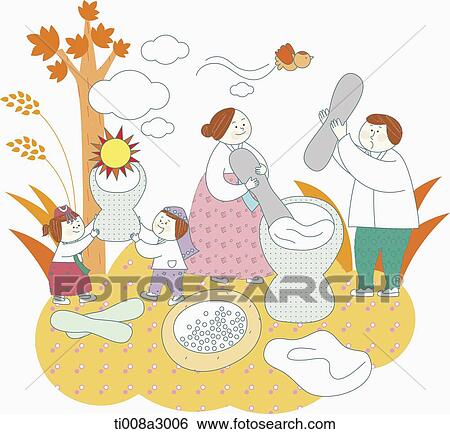Stock Illustration - illustration of a family in Chuseok making rice cake. Fotosearch