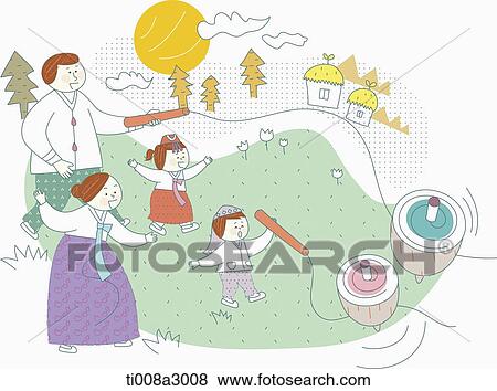 Stock Illustration - illustration of a family in Chuseok playing game . Fotosearch
