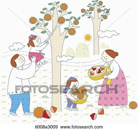 Stock Illustration - illustration of a family in Chuseok . Fotosearch