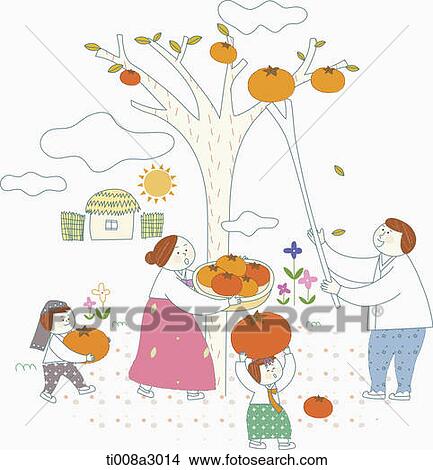 Stock Illustration - illustration of a family in Chuseok picking fruits . Fotosearch
