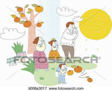 Stock Illustration - illustration of a family in Chuseok wishing. Fotosearch