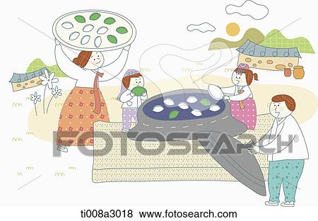 Stock Illustration - illustration of a family in Chuseok making rice cake. Fotosearch