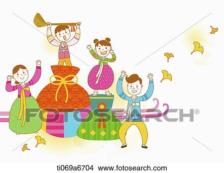 Stock Illustration - illustration of a family in Chuseok. Fotosearch