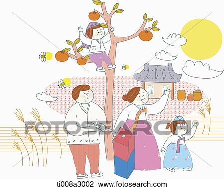 Drawing - illustration of a family picking fruits. Fotosearch