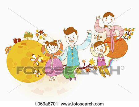 Clip Art - illustration of a family sitting on a branch in Chuseok. Fotosearch