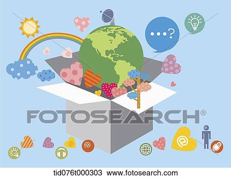 illustration of a globe and hearts in a box View Large Illustration Drawing - illustration of a globe and hearts in a box. Fotosearch