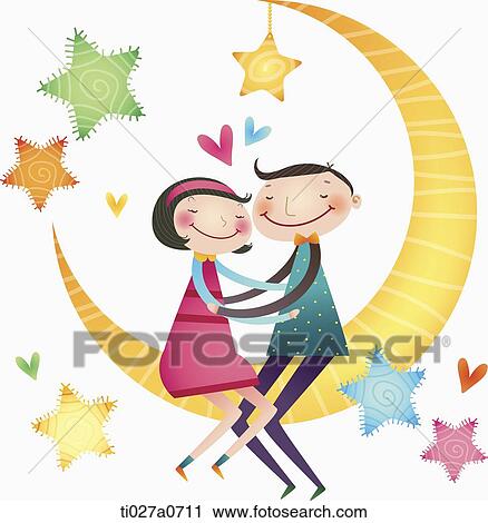 Clip Art - illustration of a loving couple sitting on a moon. Fotosearch
