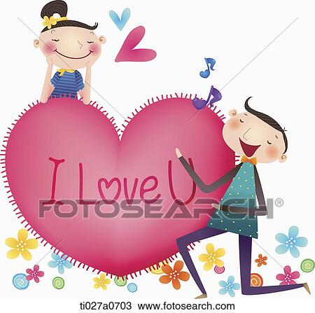 Drawing - illustration of a loving couple with a heart. Fotosearch