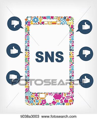 Drawing - illustration of a phone surrounding filled with icons. Fotosearch