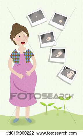 Drawing - illustration of a pregnant woman with baby pictures. Fotosearch