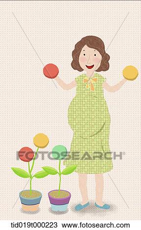 Drawing - illustration of a pregnant woman with flowers. Fotosearch