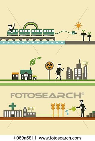 illustration of a town with green energy View Large Illustration Clip Art - illustration of a town with green energy. Fotosearch