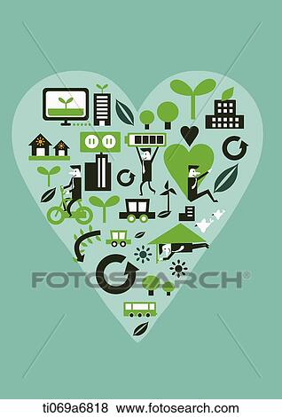 illustration of a town with green energy inside a heart View Large Illustration Stock Illustration - illustration of a town with green energy inside a heart. Fotosearch