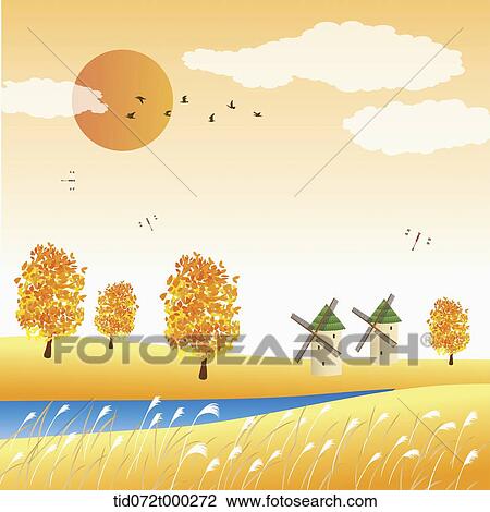 Drawing - illustration of an autumn field a lake. Fotosearch