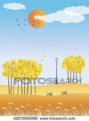 illustration of an autumn field with trees and benches View Large Illustration Clipart - illustration of an autumn field with trees and benches. Fotosearch