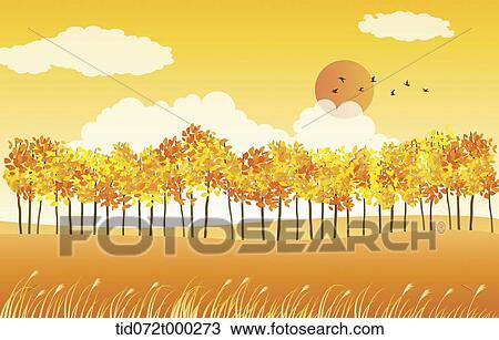 illustration of an autumn field with trees View Large Illustration Drawing - illustration of an autumn field with trees. Fotosearch