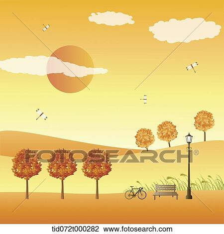 illustration of an autumn field with trees View Large Illustration Drawing - illustration of an autumn field with trees . Fotosearch