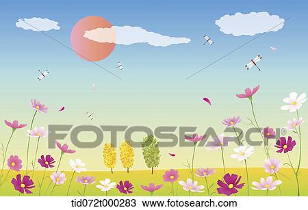 illustration of an autumn field with trees View Large Illustration Drawing - illustration of an autumn field with trees . Fotosearch