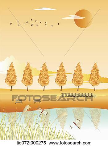 illustration of an autumn field with trees View Large Illustration Stock Illustration - illustration of an autumn field with trees . Fotosearch