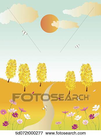 illustration of an autumn field with trees View Large Illustration Stock Illustration - illustration of an autumn field with trees . Fotosearch