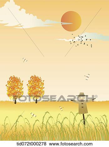 illustration of an autumn field with trees and scarecrow View Large Illustration Stock Illustration - illustration of an autumn field with trees and scarecrow. Fotosearch