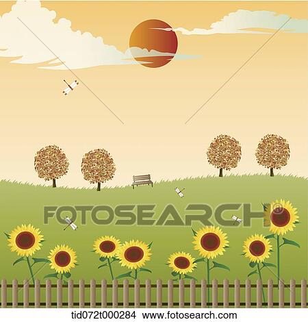 illustration of an autumn field with trees and sunflowers View Large Illustration Stock Illustration - illustration of an autumn field with trees and sunflowers. Fotosearch