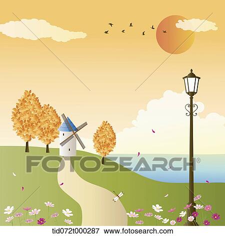 Stock Illustration - illustration of an autumn field with trees . Fotosearch