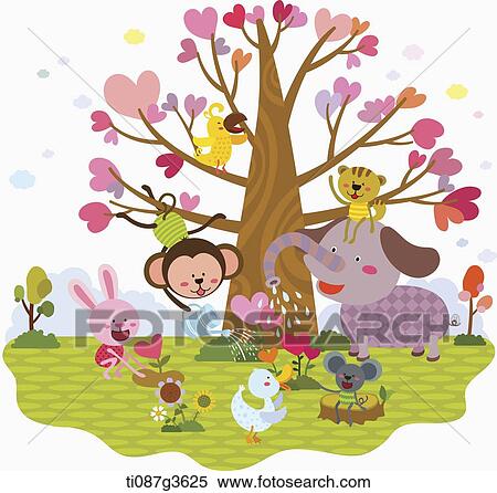 Stock Illustration - illustration of animals around a heart tree. Fotosearch