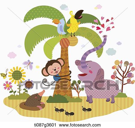 illustration of animals around a palm tree View Large Illustration Clip Art - illustration of animals around a palm tree. Fotosearch